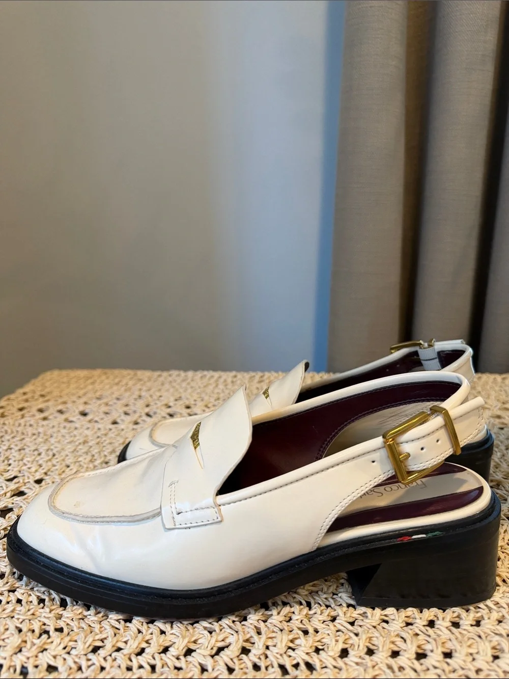 Franco Sarto Cream Patent Leather Slingback Loafers with Gold Accent